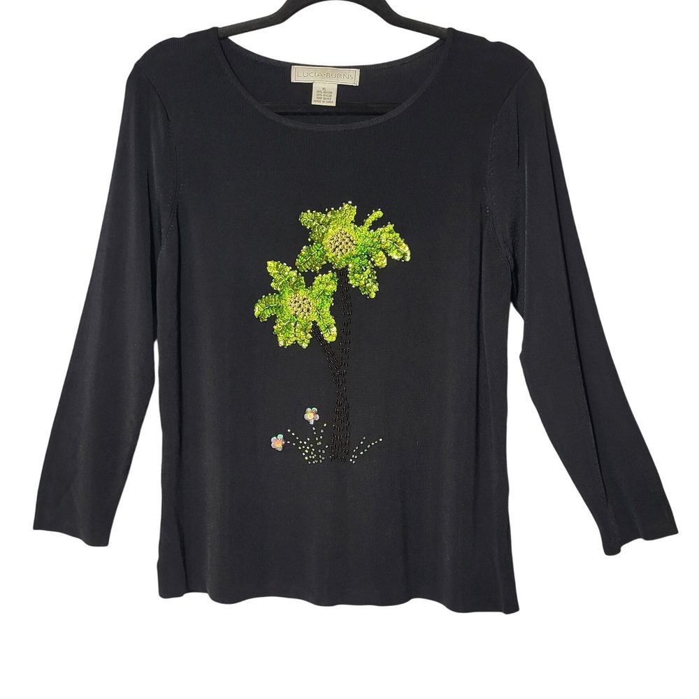 Lucia Burns Black Knit Palm Tree Sequin Beaded Long Sleeve Top XL Tropical